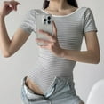 thumbnail image 7 of AXXD Gray Basic Business Casual Tops for Women Summer 2024 Short Sleeved V-neck Solid Color Elastic Slim Jumpsuit Long Sleeved Round-neck Top/shirt, 7 of 7