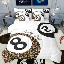 Homewish Billiards Game 7-Piece Bedding Comforter Set,Leopard Print Ball King Bedding Sets,White Black Brown Bed Sheets For Boys Kids,Super Cozy Room Decor Reversible