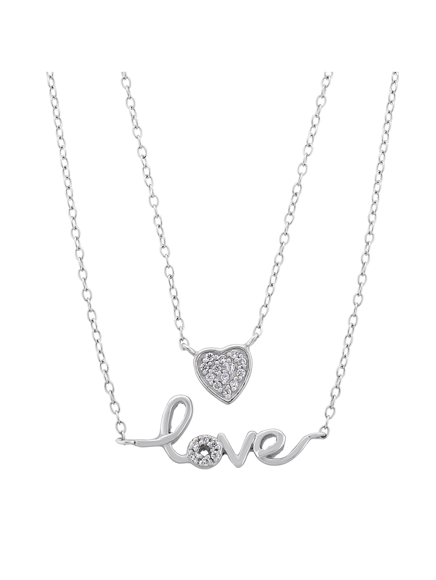 CZ Rhodium over Sterling Silver Double Layered Heart and Love Necklace ...