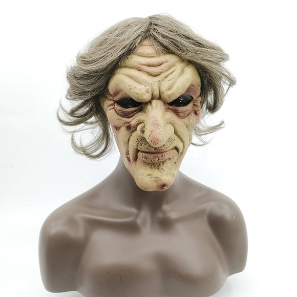 Máscara de resina Scary Witch con pelo gris para Halloween y cosplay
