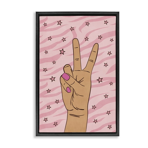 Stupell Industries Peace Hand & Stars Pattern People Painting Black Floater Framed Canvas Art Print Wall Art, 17 x 25