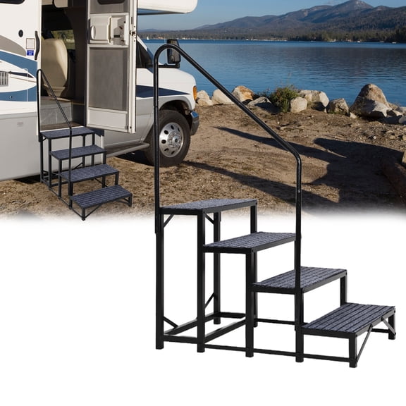 4-Step RV Stairs with Single Handrail, Portable Hot Tub Steps, Non-Slip Mats, 660 lbs Capacity for Camper Porch Pool