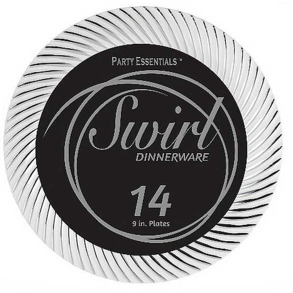 1 - Party Essentials 9" Swirl Plates - White & Silver 14 Ct.