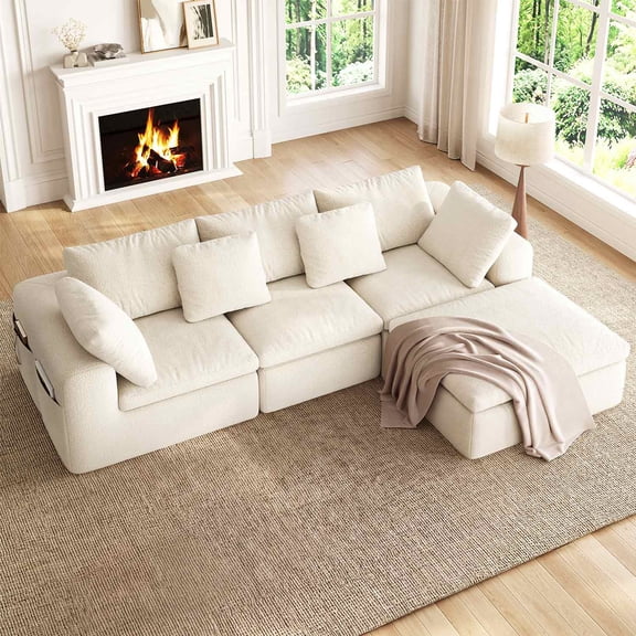 SIKAIC 108" Modular Sectional Sofa with Ottoman,Convertible L-Shape Cloud Couch,Reversible Boneless Couches,Chenille Deep Seat Sleeper with Storage Pockets for Living Room,Beige