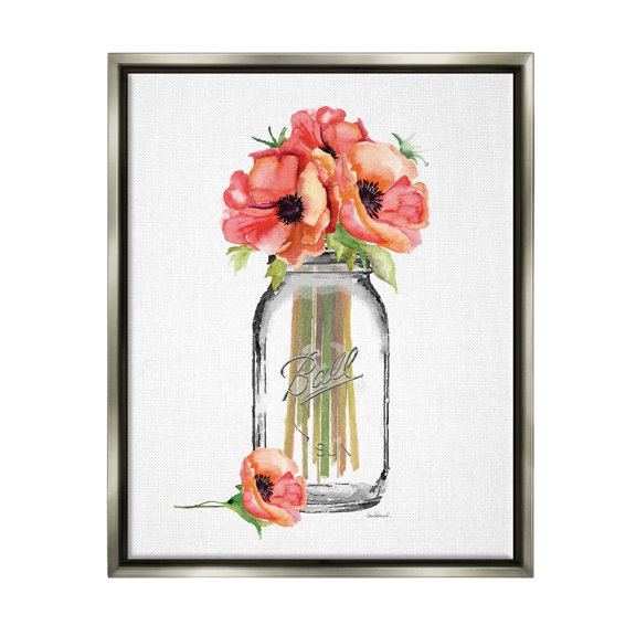 Stupell Industries Mason Jar Poppys Luster Gray Framed Floating Canvas Wall Art, 16x20, by Amanda Greenwood