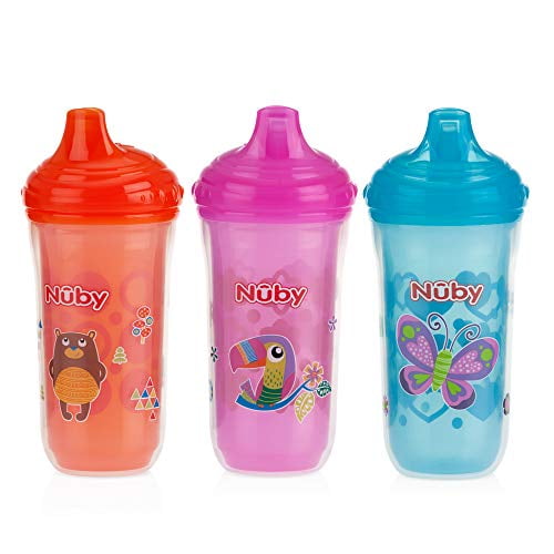 Nuby 3 Piece Insulated No Spill Easy Sip Cup with Vari-Flo Valve Hard Spout, Girl, 9 Oz