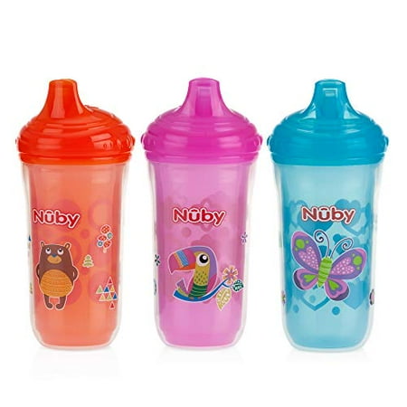 Nuby 3 Piece Insulated No Spill Easy Sip Cup with Vari-Flo Valve Hard Spout, Girl, 9 Oz