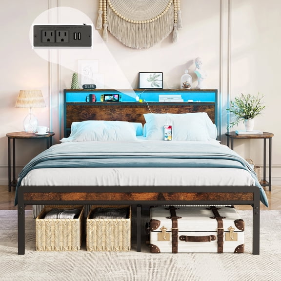 PAPROOS Full Size Bed Frame with RGB LED Lights and Charging Station, Metal Platform Bed Frame with Storage Headboard, No Box Spring Needed, Rustic Brown