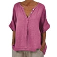 thumbnail image 2 of Pxiakgy Linen Shirts for Women Mid Sleeve Cotton Linen Solid Color Door Bottle V Neck Shirt Mid Sleeve T Shirt Summer Loose Fit Short Sleeve Button Down Shirts for Women, 2 of 5