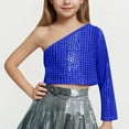 thumbnail image 2 of AUNVITO Kids Girls One Shoulder Long Sleeve Dance Crop Top Shiny Sparkly Hip Hop Streetwear Cropped T-Shirts Dancewear, 2 of 4
