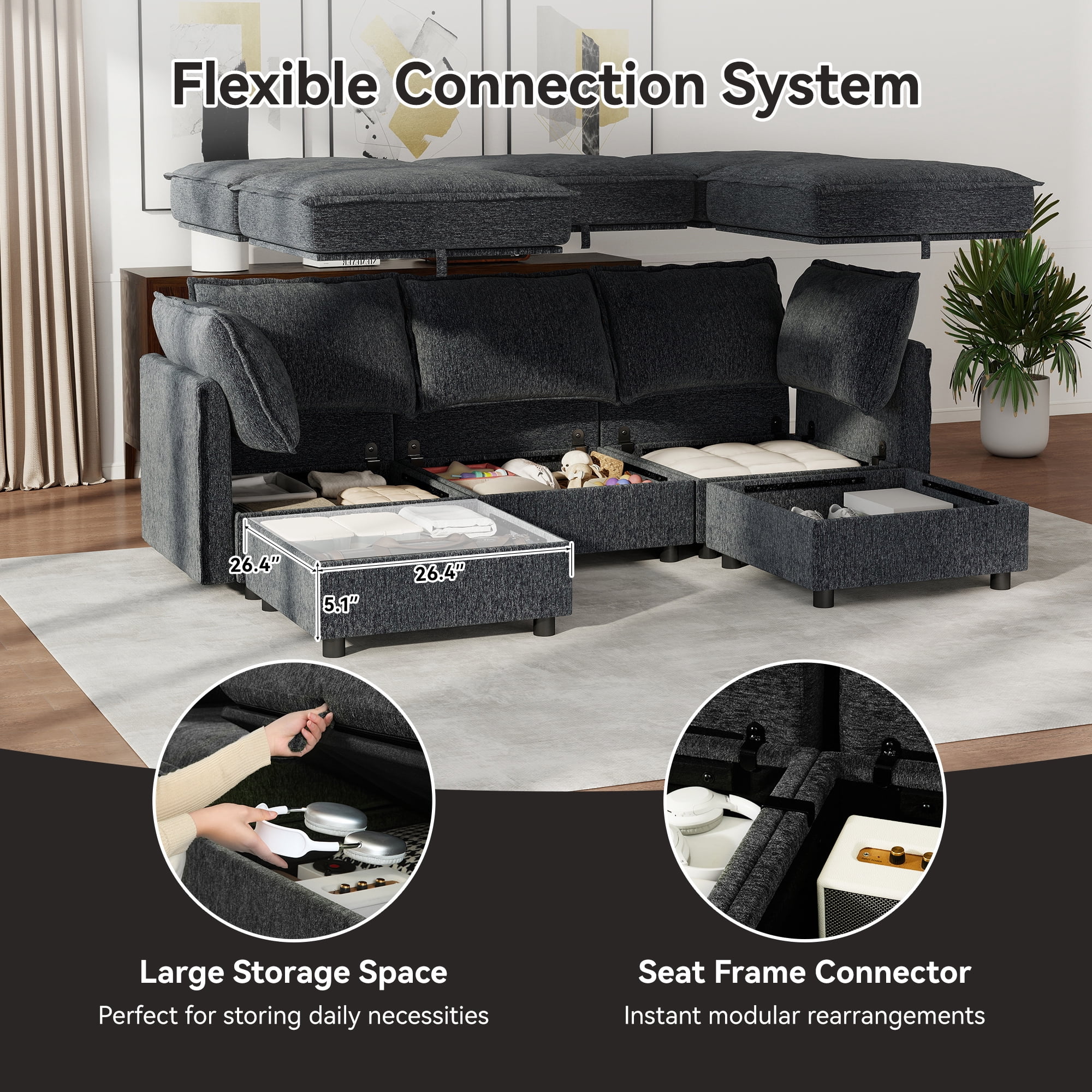 BedLuxury 97" Modular Sectional Sofa with Storage, U-Shaped Modern Sofa Couch with Movable Ottomans for Living Room, Office,Dark Gray