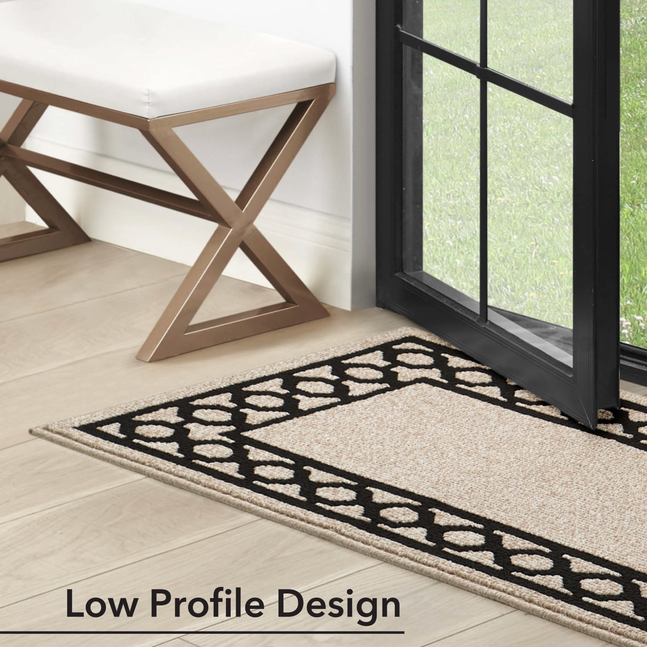 Washable Skid-Resistant Runner Rug, Trellis Border , Natural Twist and Black , 26" x 45"/26" x 60"