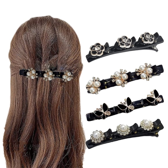 4PCS Sparkling Crystal Stone Braided Hair Clips, Rhinestone Braided Hair Clips Hairpin Duckbill Clip Satin Fabric Hair Bands with 3 Small Clips for Women and Girls (Butterfly)