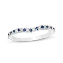 Lab Created Diamond & Blue Sapphire Contour Wedding Band Ring in 14k White Gold Plated