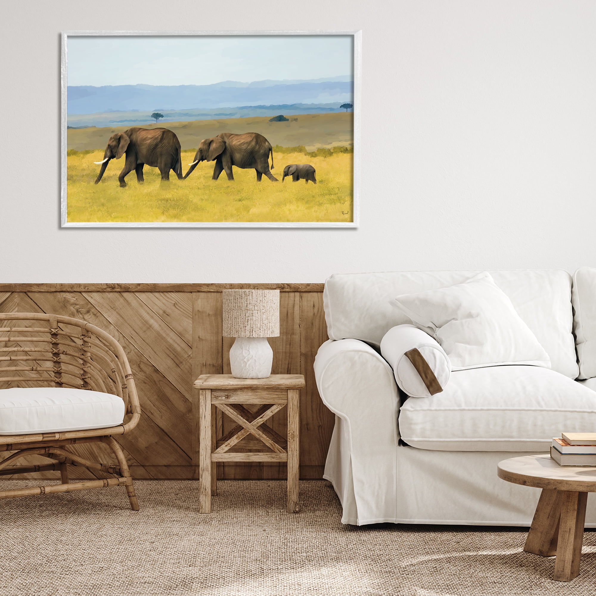 Stupell Industries Elephants In The Grassland White Framed Giclee Art, design by Renel Peters