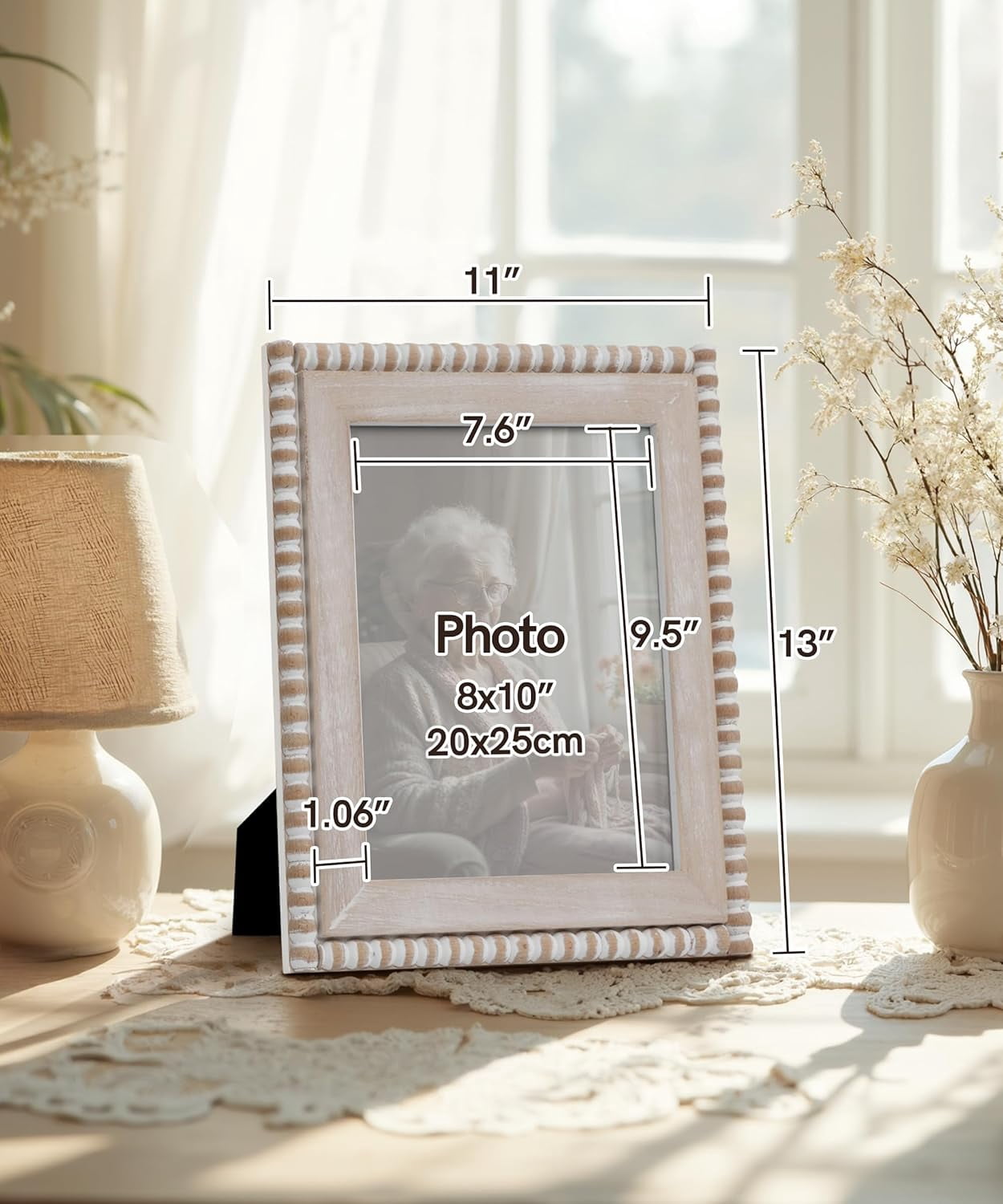 Afuly 8X10 Farmhouse Picture Frame Bohemian White Beads Photo Frame Wooden Worn Wall Mounted Tabletop Vertical Decoration Gift for Family, Couple, Friends