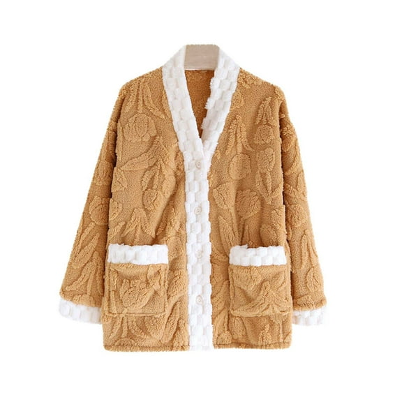 Kaemgyyd Women Fuzzy Sleepwear Winter Thermal Long Sleeve Pajama Top with Pockets Cute Warm Sherpa Fleece Button down Loungewear