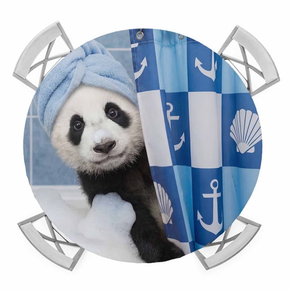 Elastic Fitted Round Tablecloth, Funny Panda Waterproof Stretch Table Cover for 36"-44" Tables, Cute Art Modern Lovely Animals on Showering Blue Washable Outdoor Tablecloths for Patio, Picnic