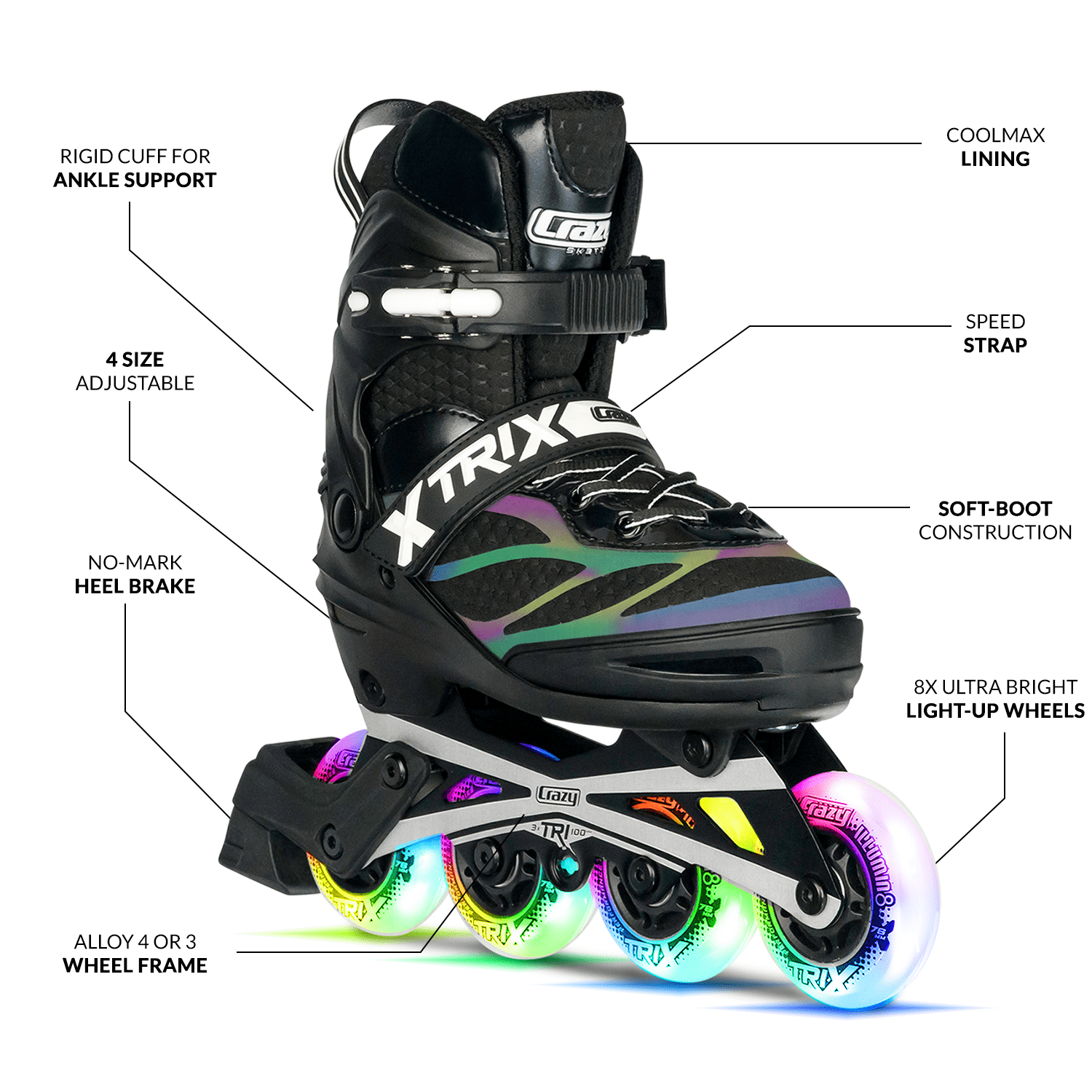 Crazy Skates Trix Size Adjustable Inline Skates with Light Up Wheels - Available with 3 or 4 wheels