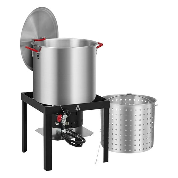 100Qt Seafood Boil Pot, 11,0000 BTU Aluminum Outdoor Seafood Boil Kit， Seafood Boil Pot with Strainer Basket, Propane Stove Burner for Outdoor Cooking Seafood Shrimp, Crab, Crawfish