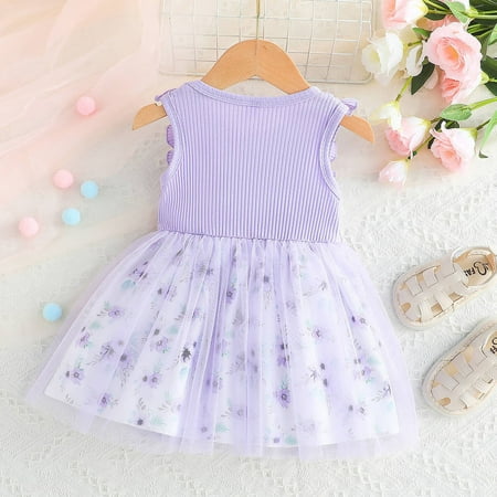 

PEASKJP Girl s Casual Dresses Toddler Girls Pageant Floral Floral Short Sleeve Flutter Round Neckline Dress Strappy Flowy Casual Dresses for Girls Purple 12-18 Months
