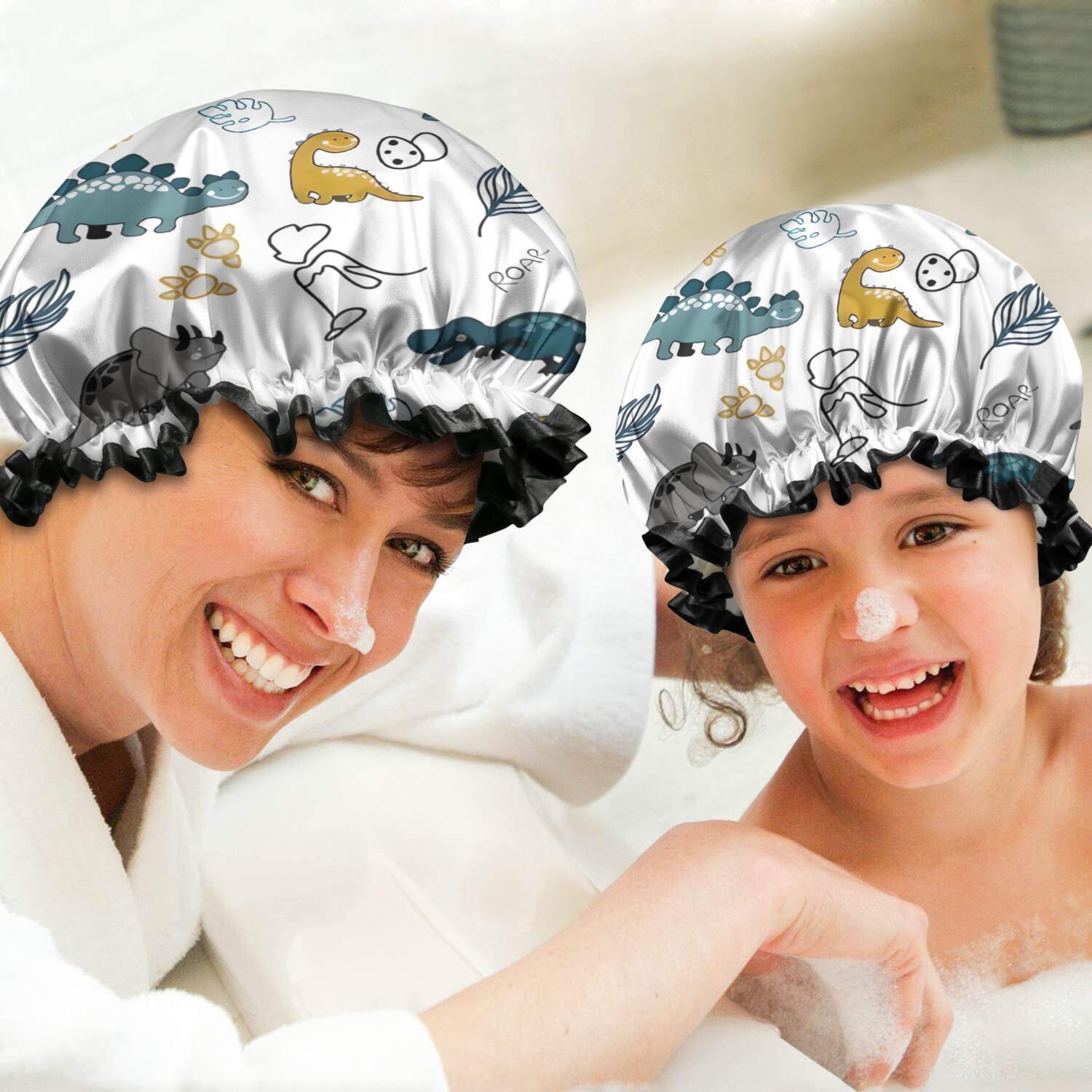 Shower Caps,Colorful Dinosaurs Eggs Leaves Pattern Waterproof Shower Cap for Women 4 Pieces,Double Reusable Hair Cover for Shower PEVA Elastic Stretch Hem
