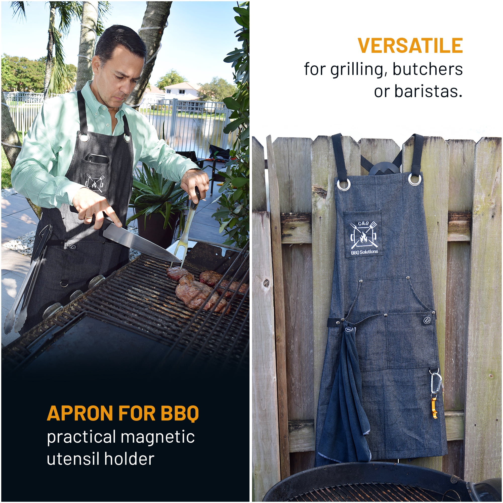 Kitchen Apron for Men | Professional Grade made for Cooking, BBQ, Grill, Chef | Quick-Release Buckle, with Magnetic BBQ Towel and Grill Tool Pockets and Holders. 10 oz. Cotton.