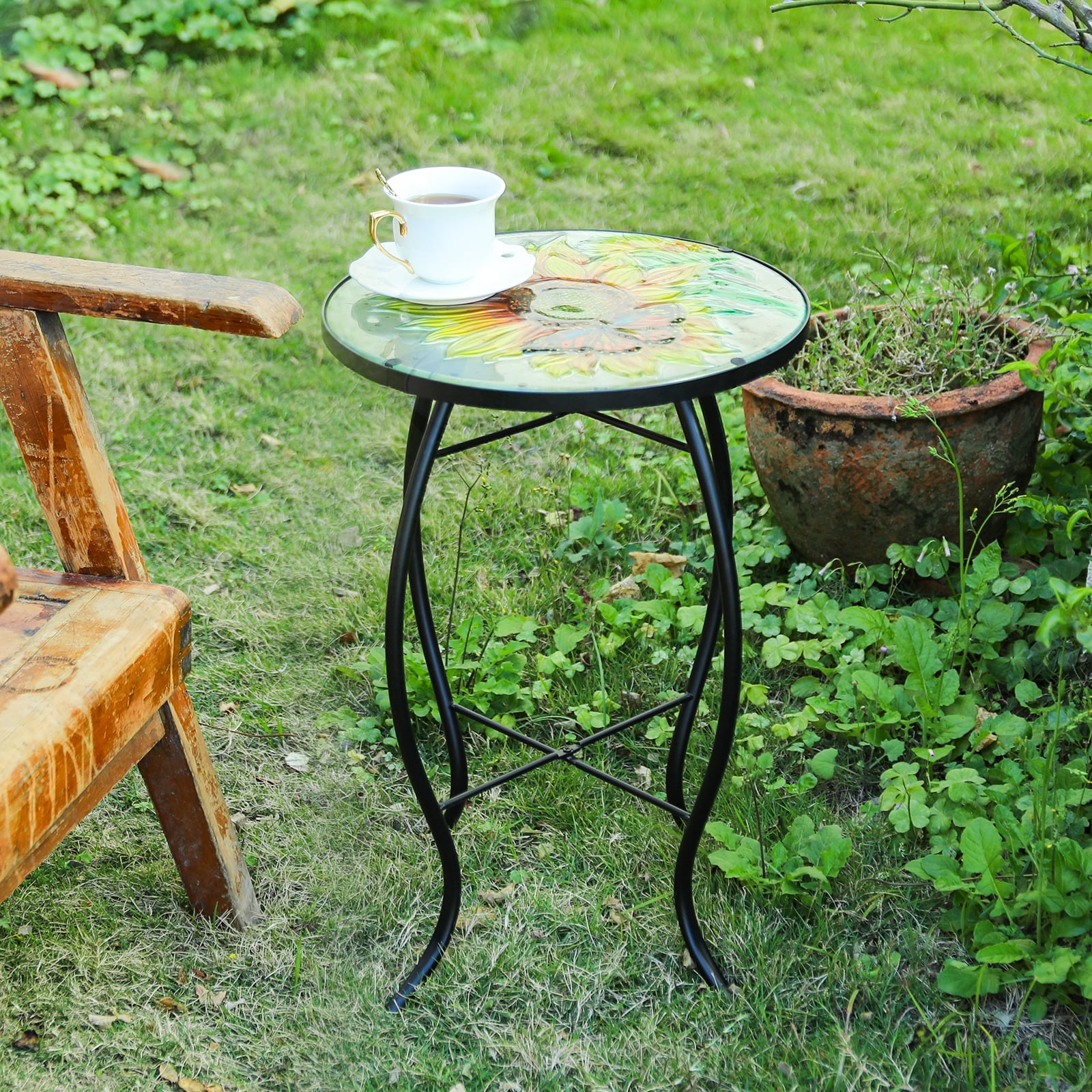 Patio Side Table Outdoor Accent Table Bistro Coffee Table Plant End Table Small Porch Table Indoor Round Glass Balcony Plant Table Stands Sunflower