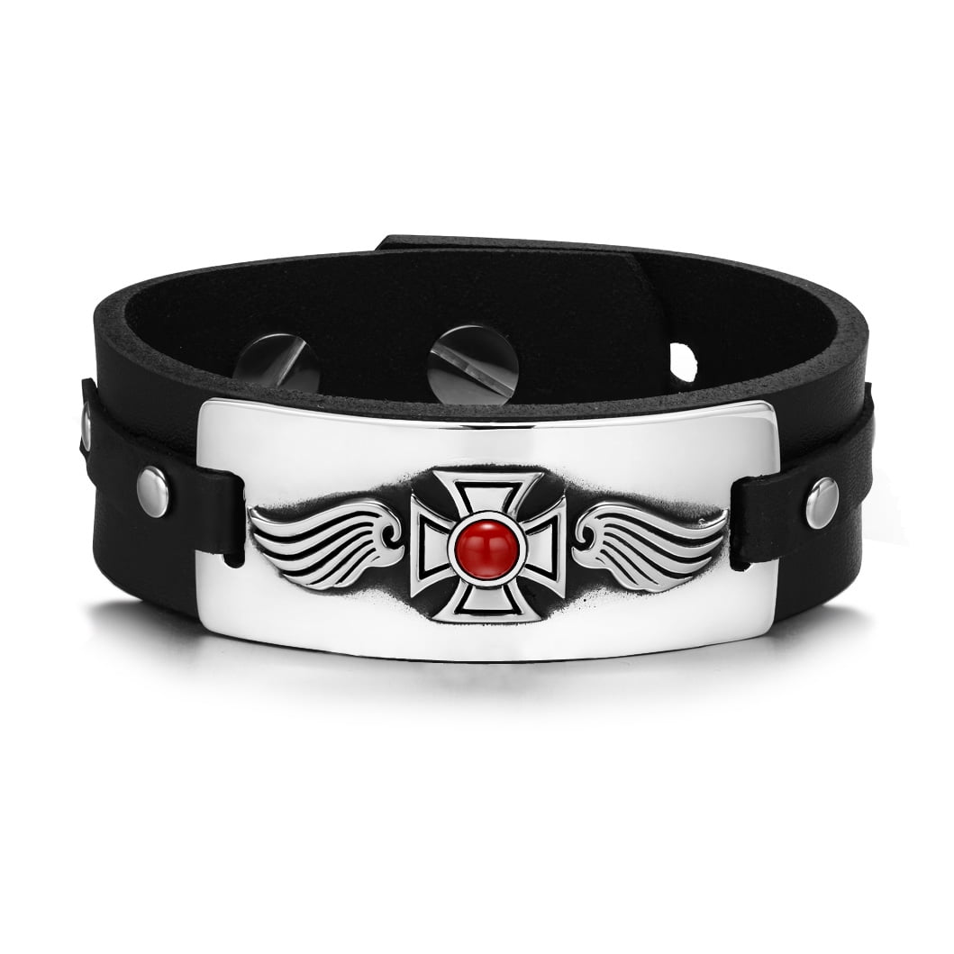 BestAmulets - Guardian Angel Wings Viking Celtic Cross Magic Amulet Red Jasper Gemstone Adjustable Leather Bracelet