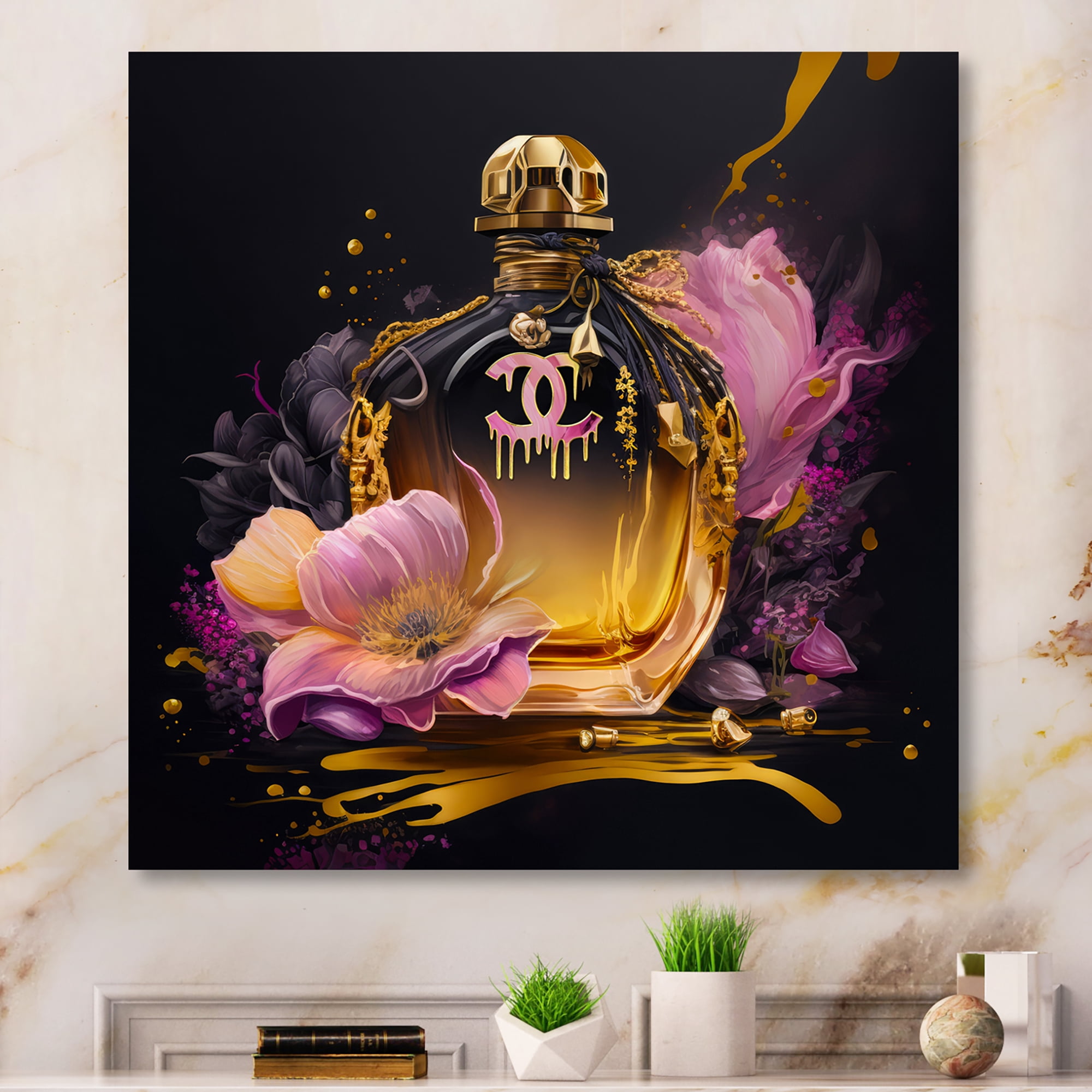 Designart Chic Perfume Bottle With Pink Roses I Canvas Wall Art