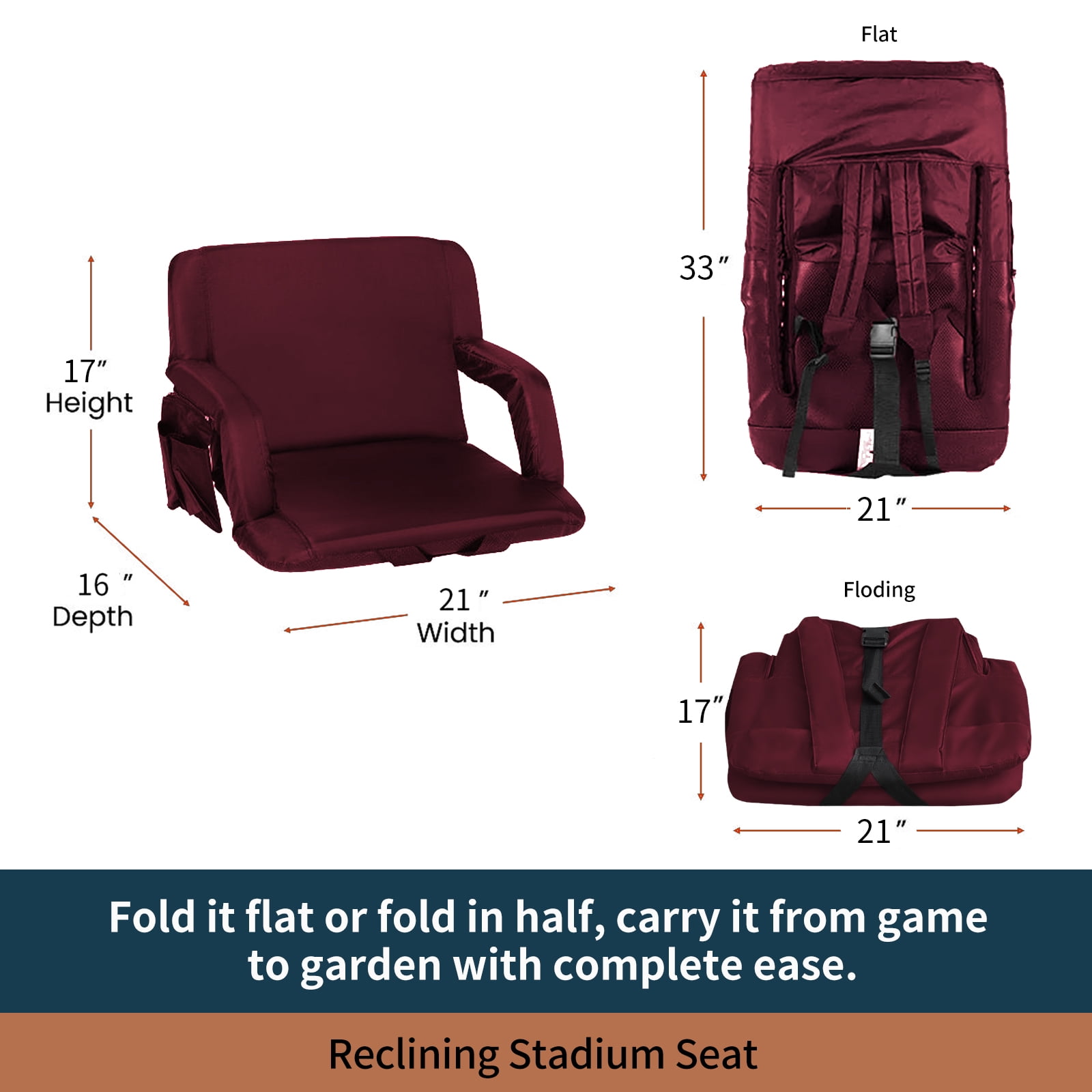 Seamander Large Size Foldable Stadium Chair for Bleacher Padded Back Support, Burgundy