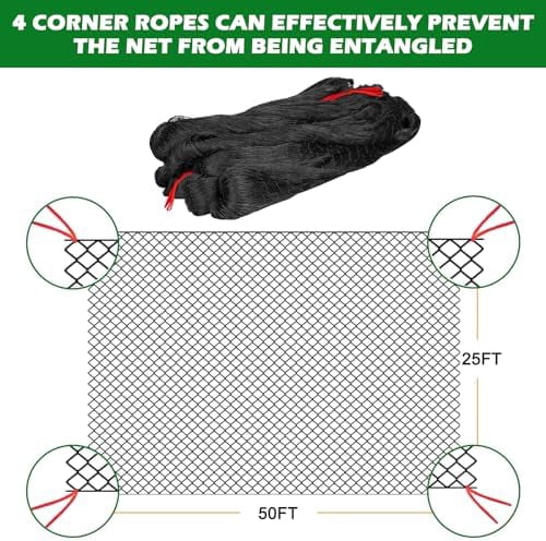 Bird Netting 25'x50' with 2" Mesh Garden Net with Bird Scare Tape, Avian Nettings for Chicken Coop Roof, Heavy Duty Nylon Nettings for Garden, Chicken Coop Netting Fruit Tree Net