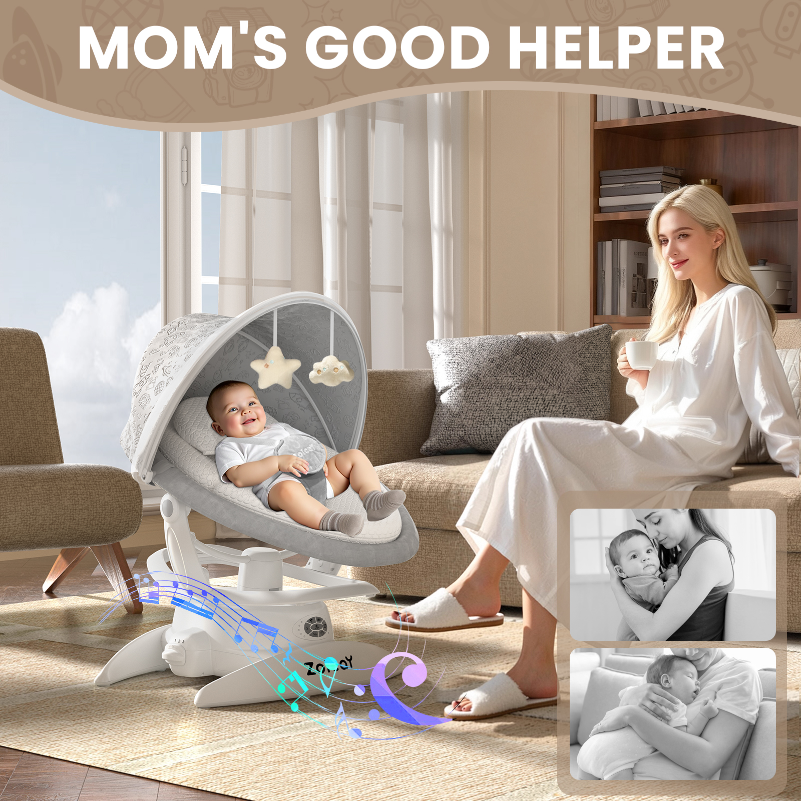 Zoicay Baby Swing, Baby Rocker Stationary Seat Infants Swing 3-IN-1 Design,  Motion Detection, 5 Speeds & 3 Modes,12 Melodies & Bluetooth Music, White