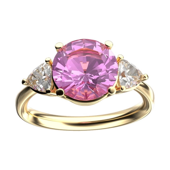 Star K� Three 3 Stone 8mm Round Created Pink Sapphire Trillion Engagement Promise Comfort fit Ring