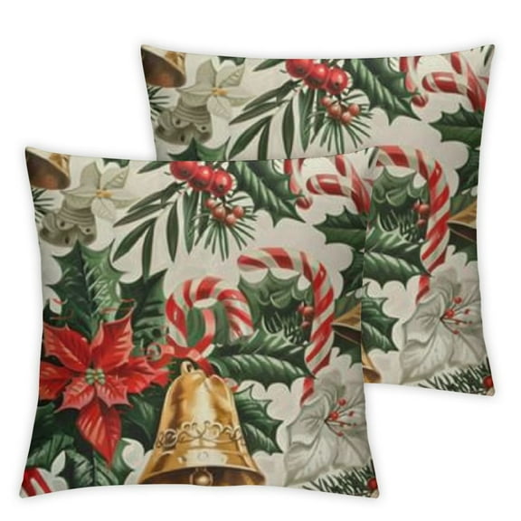 BANET Throw Pillow Covers,Set of 2 Pillowcase Decor for Couch Sofa Bedroom Car Living Room,Christmas Botanical Plants Flowers and Bells 12x12in