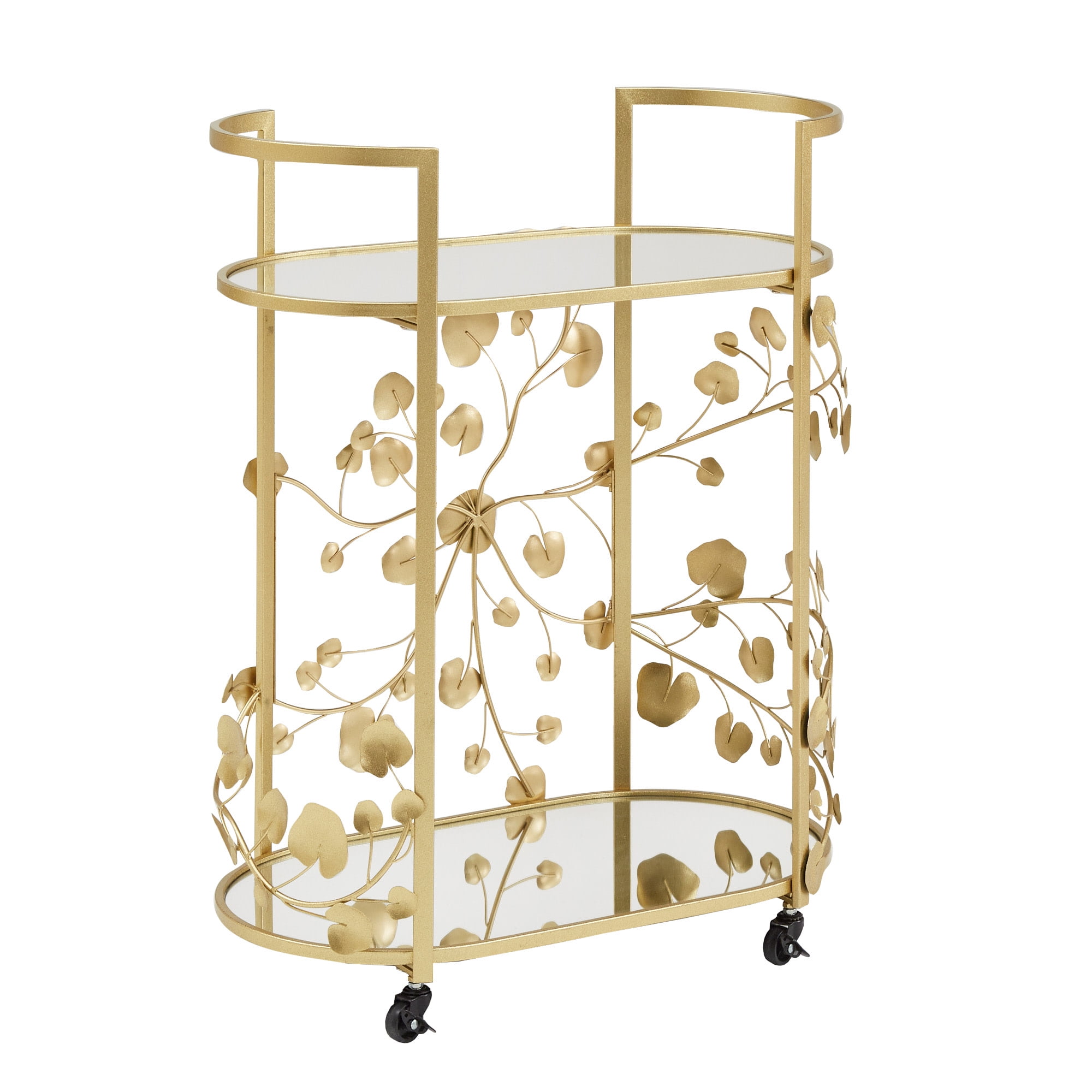 Weston Home Greenpoint Gold Finish Foliage Bar Cart with Mirror Top and Bottom