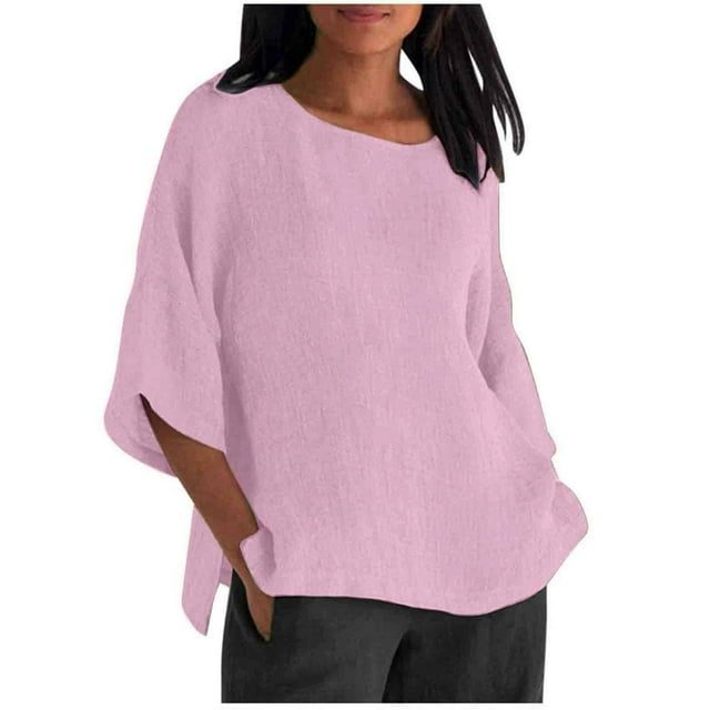 WEIYLL T-Shirt Femme Couleur Unie Col Rond Manches 3/4 Blouse Rouge Tailles m