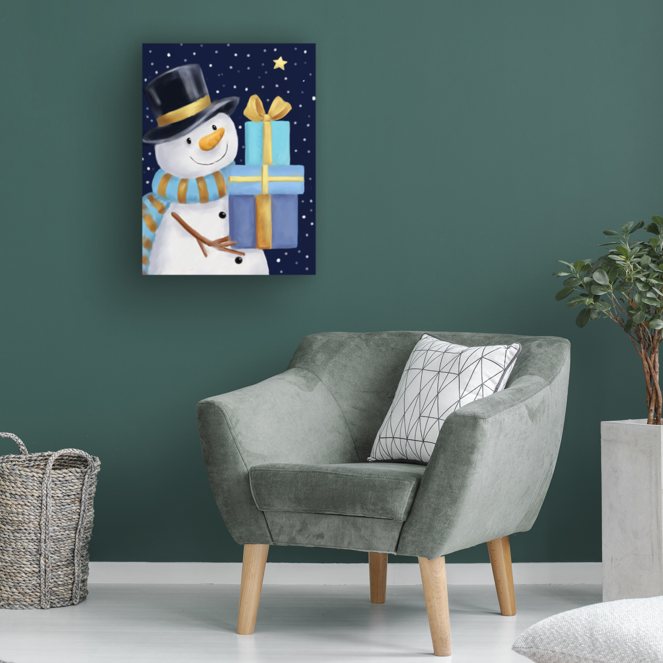 Canvas Wall Art - MAKIKO 'Snowman With Blue Presents' Wall Art for Living Room, Bedroom, or Office Décor by Trademark Fine Art - 35 x 47 Inches