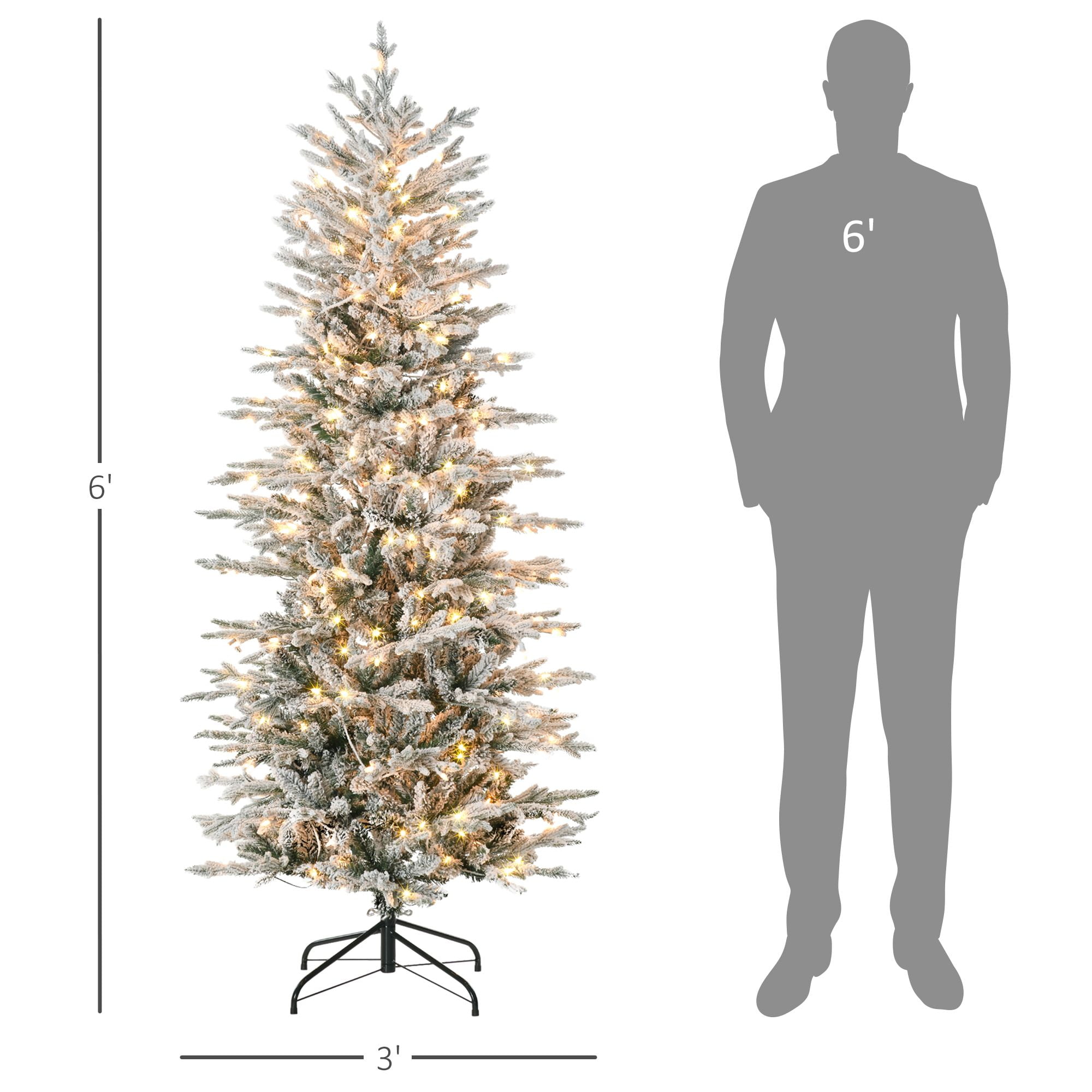 Pre-Lit Flocked Christmas Tree, 6 ft Artificial Tree with 250 Warm Yellow Lights, 636 Tips, Snow Branches, Auto Open, Indoor Holiday Decoration
