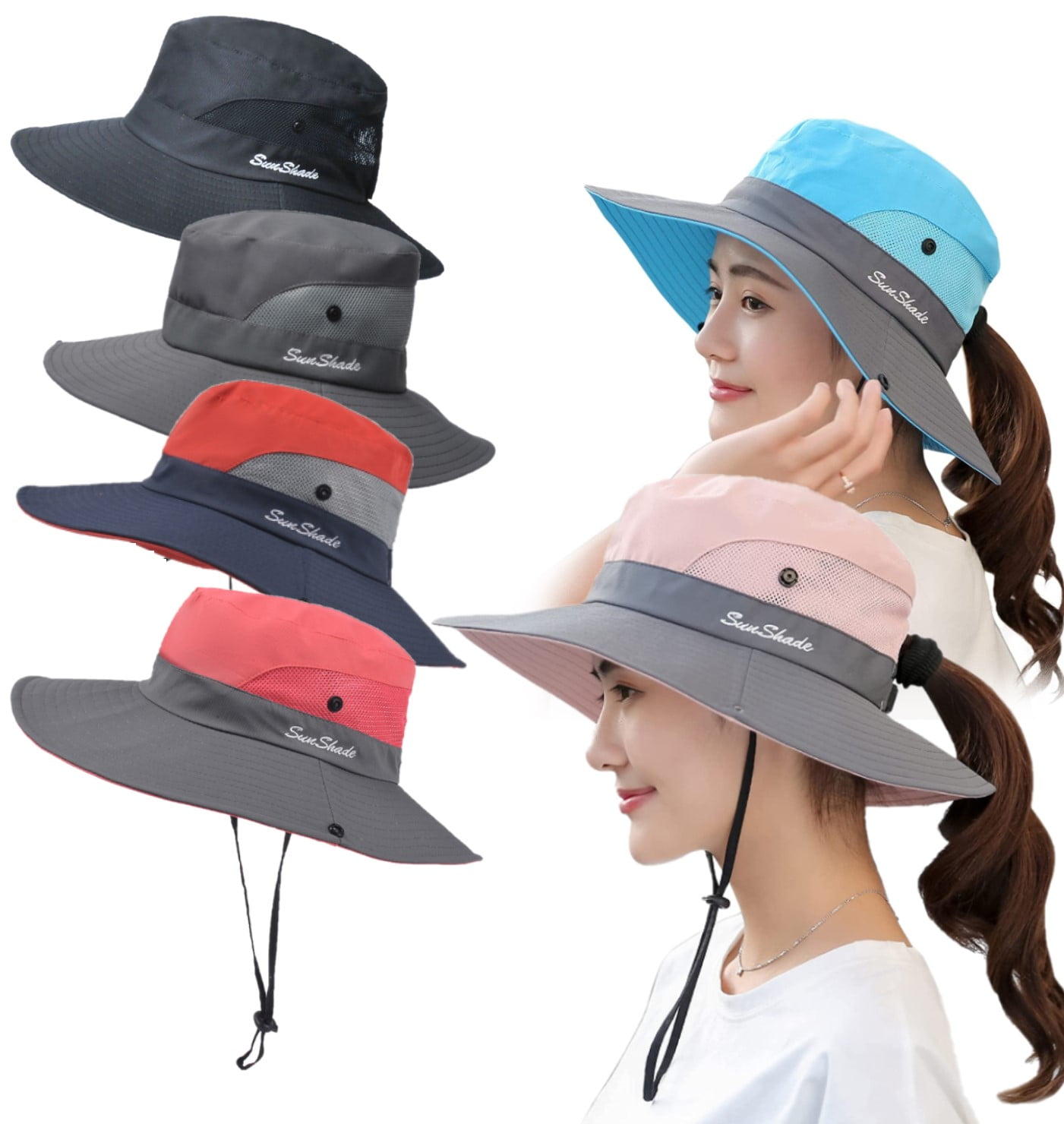 Womens Ponytail Sun Hat UV Protection Packable Wide Brim Beach Boonie Cap for Fishing Hiking 