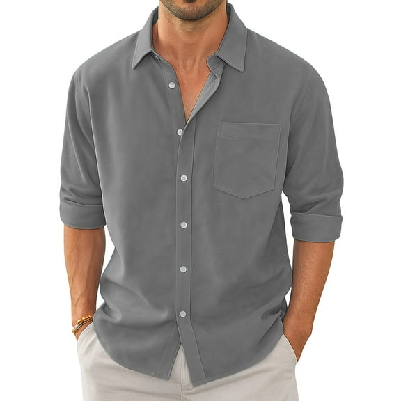 Dwellite Men's Fit Dress Shirt Solid Color Long Sleeve Casual Business Trendy Collared Button Up Shirts with Pockets 2026 Gray S