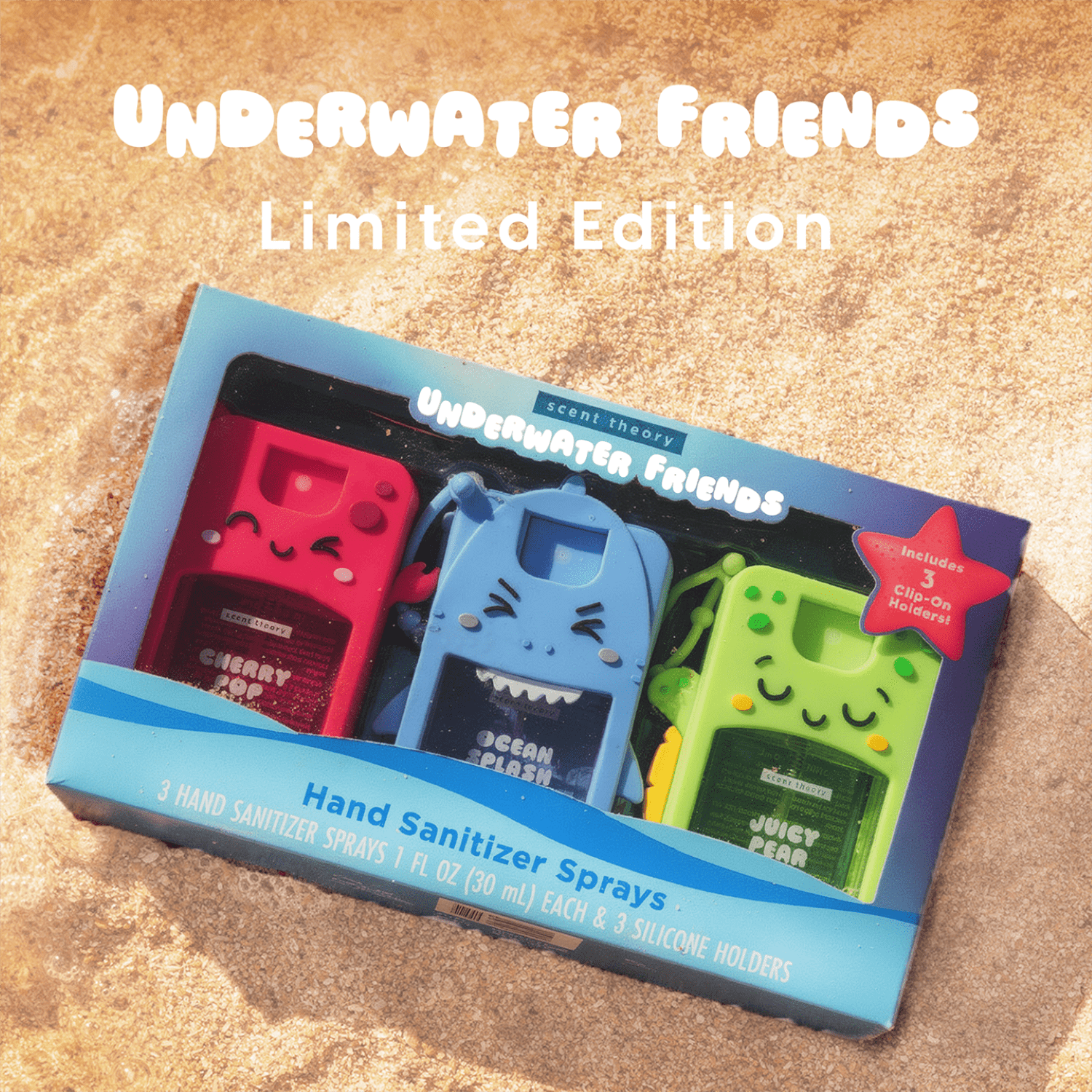 Scent Theory Underwater Friends Hand Sanitizer Spray Gift Set, 3 Sprays + 3 Clip-On Holders, 1 fl oz