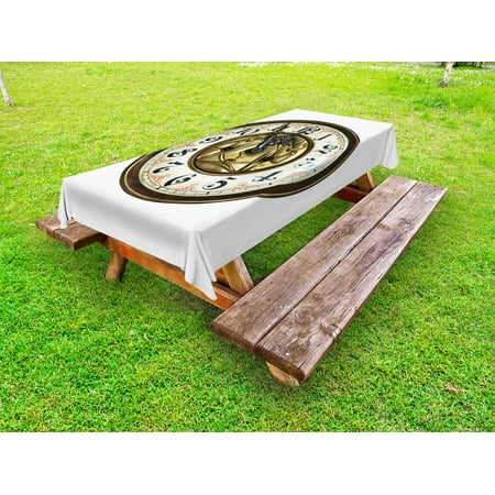 

Clock Outdoor Tablecloth Antique Theme a Vintage Clock with a Face on It Stylish Modern Design Pattern Decorative Washable Fabric Picnic Tablecloth 58 X 120 Inches Gold and White by Ambesonne