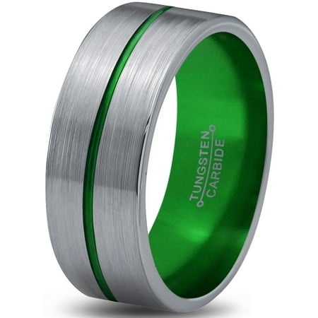 Brushed Satin Flat Band - Tungsten Wedding Band Ring 8mm for Men Women Green Grey Flat Center Line Pipe Cut Brushed Polished Lifetime Guarantee