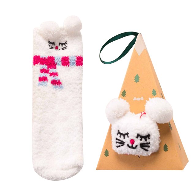 Gibobby Bonitos calcetines de animales en 3D con caja de regalo, calcetines de lana de Coral, calcetines gruesos de invierno con bordado de dibujos animados(U)
