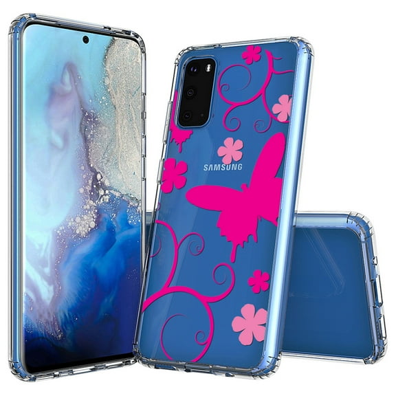 Aquaflex Transparent Clear Flexible Shock Absorbing Phone Case Cover Suitable for Samsung Galaxy S20 6.2" - Pink Butterfly