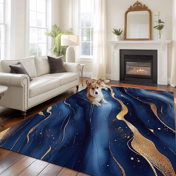 Abstract Marble 5x7 Area Rugs for Living Room, Gold Navy Texture Modern Style Simple Non Slip Floor Mat Washable Low-Profile Indoor Carpet for Bedroom, Dining Room, Bathroom