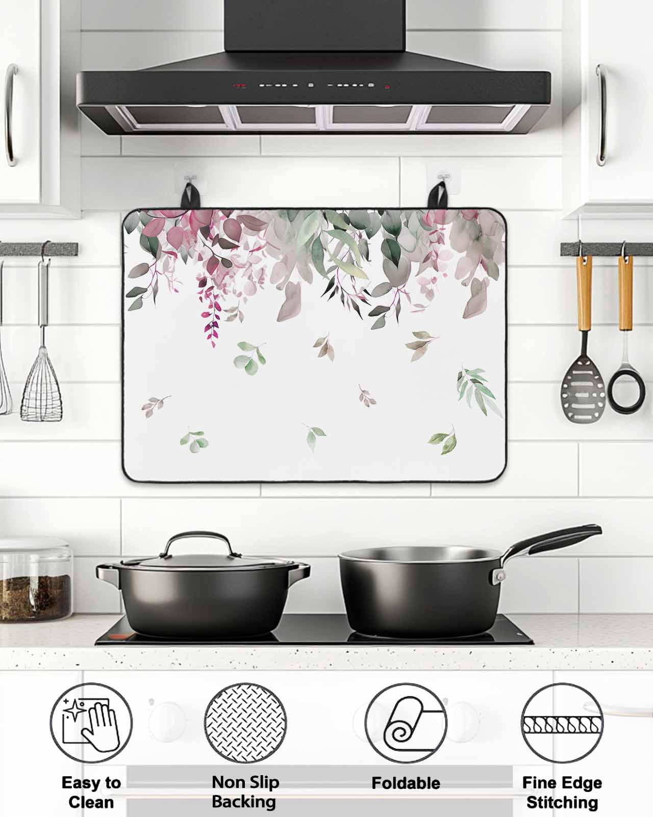 Stove Top Covers for Electric Stove, Vintage Red Green Glass Stovetop Cover Protector, Spring Botanical Summer Eucalyptus Leaves Induction Cooktop Protector Oven Mat for Kitchen Countertop 24"x21"