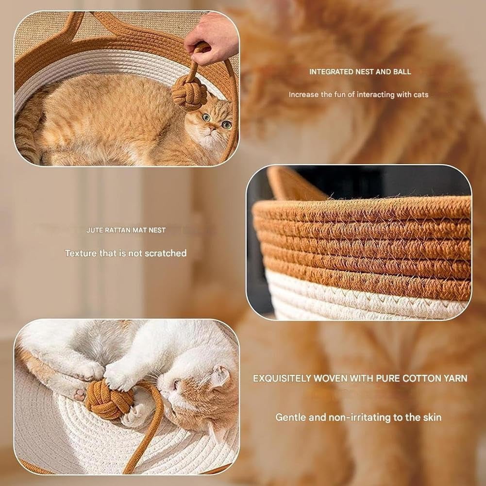 Handwoven Cat Basket,Foldable Scratchable Cat Bed Rope Cotton,Breathable Durable Natural Rattan Woven Pet Sleeping House with Teasing Ball & Cushion for Small & Large Cat & Dog