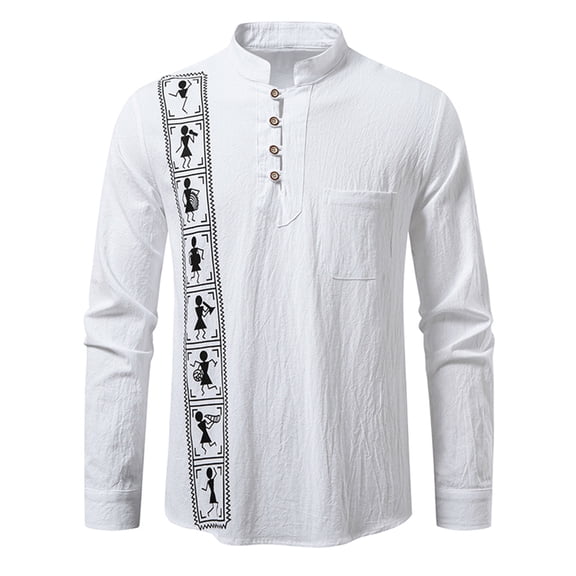 Linen Blend Shirts for Men Long Sleeve Vintage Ethnic Style Print Shirt Button up Pullover Tops Stand Collar Blouses (XL, White)